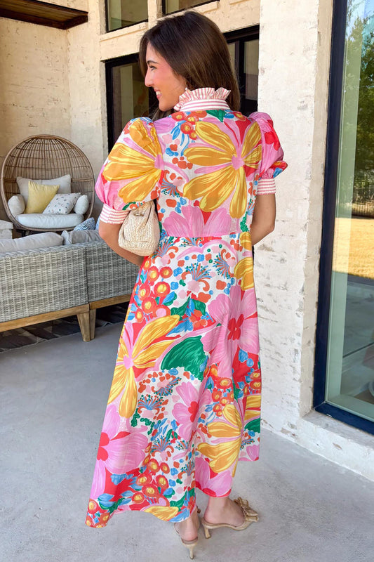 Pink Floral Print Striped Trim Button Down Short Sleeve Vacation Dress