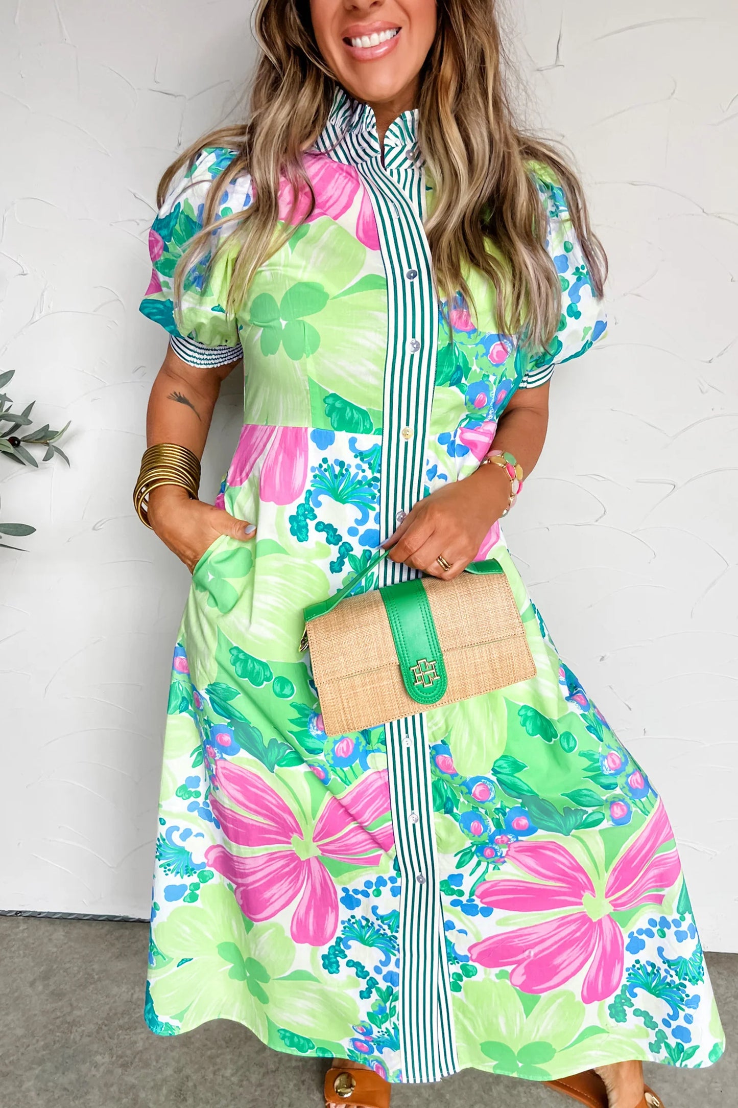 Pink Floral Print Striped Trim Button Down Short Sleeve Vacation Dress
