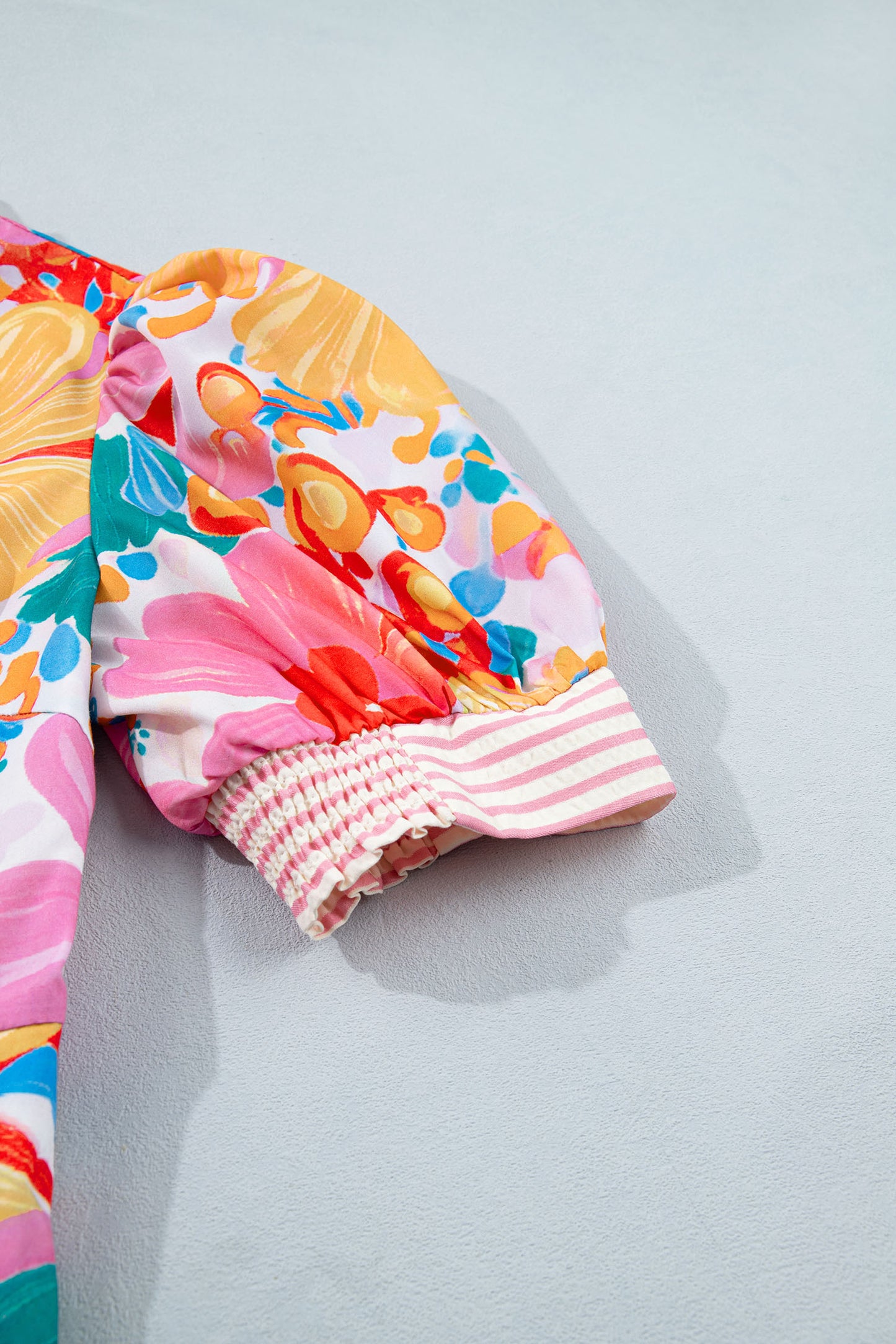 Pink Floral Print Striped Trim Button Down Short Sleeve Vacation Dress
