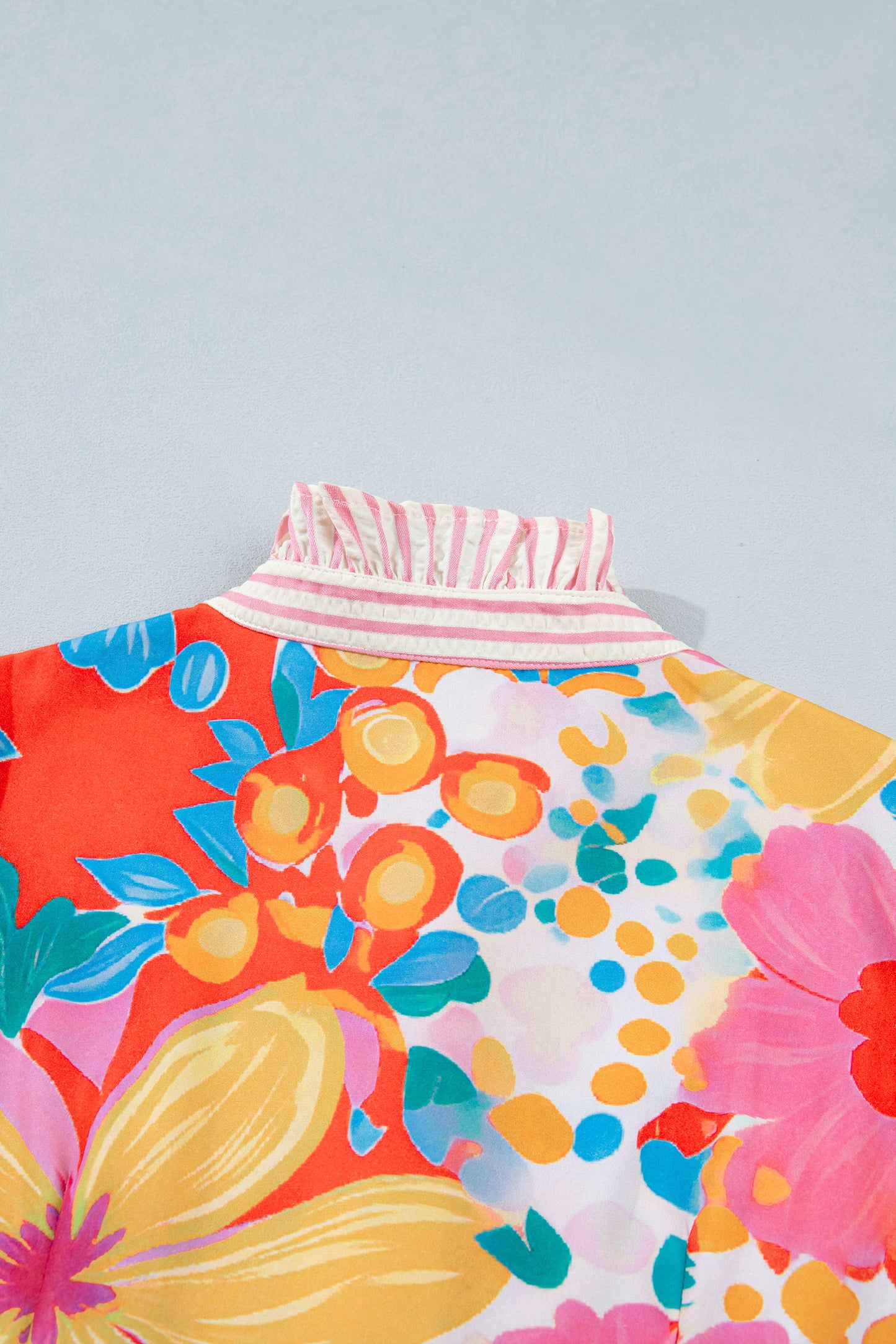 Pink Floral Print Striped Trim Button Down Short Sleeve Vacation Dress