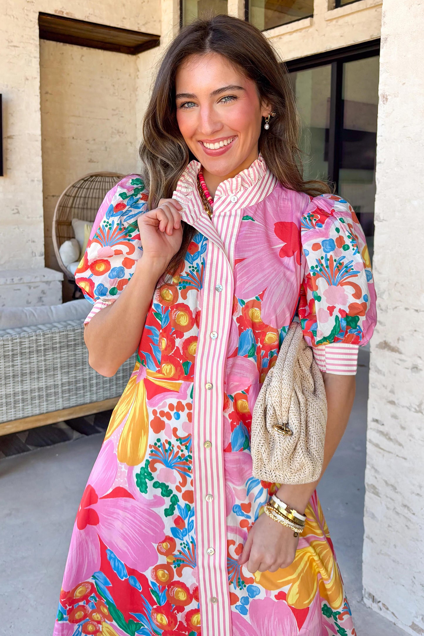 Pink Floral Print Striped Trim Button Down Short Sleeve Vacation Dress