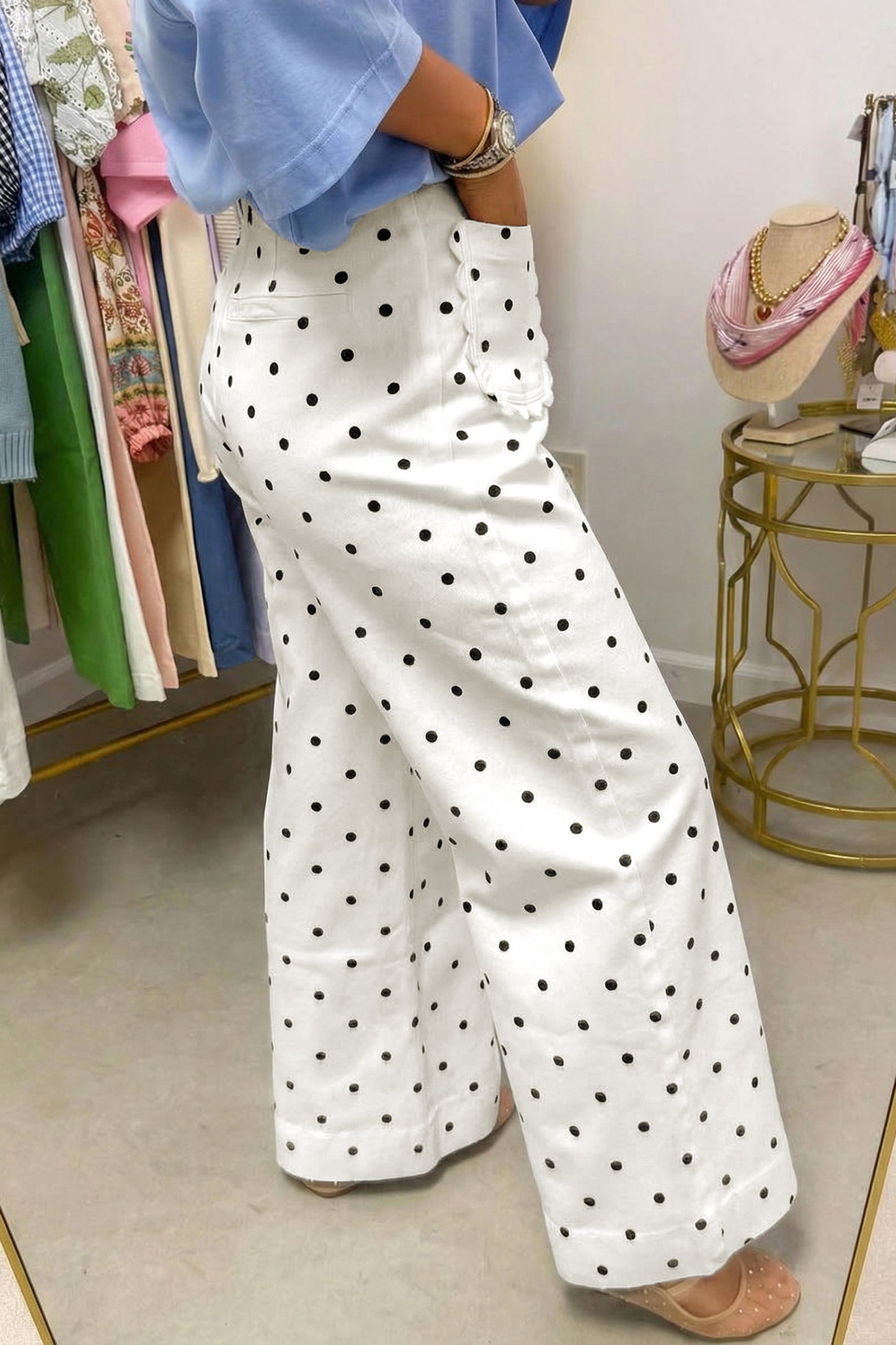 White Polka Dot Print Scalloped Patch Pocket Cotton Shift Pants
