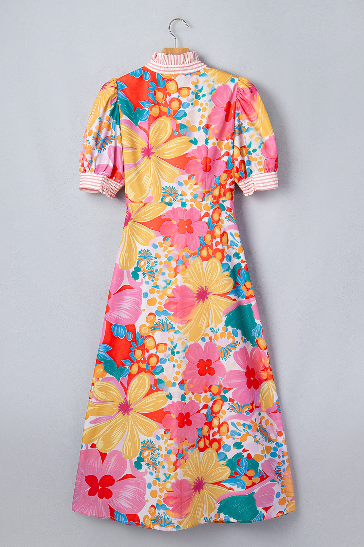 Pink Floral Print Striped Trim Button Down Short Sleeve Vacation Dress