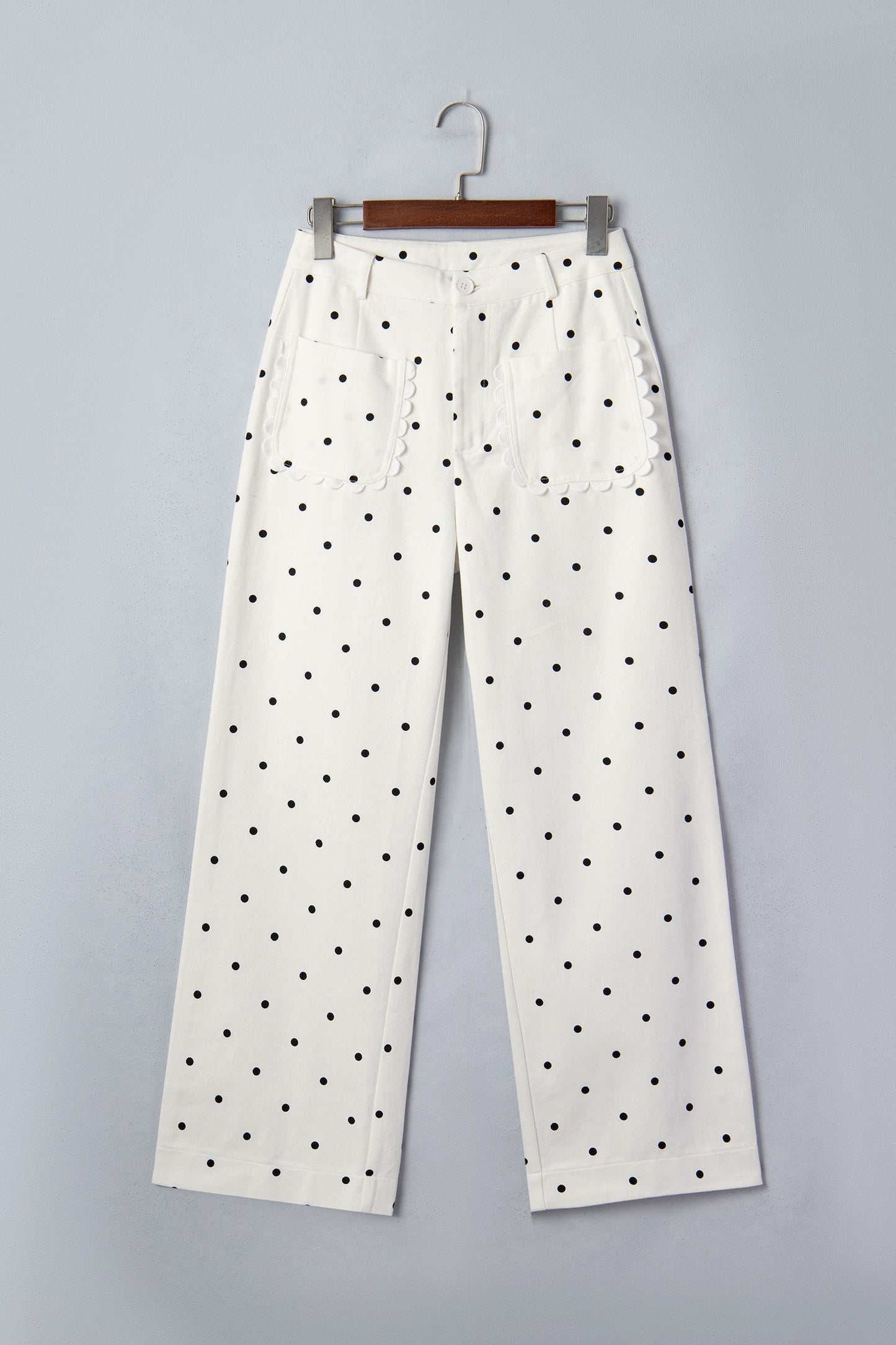 White Polka Dot Print Scalloped Patch Pocket Cotton Shift Pants