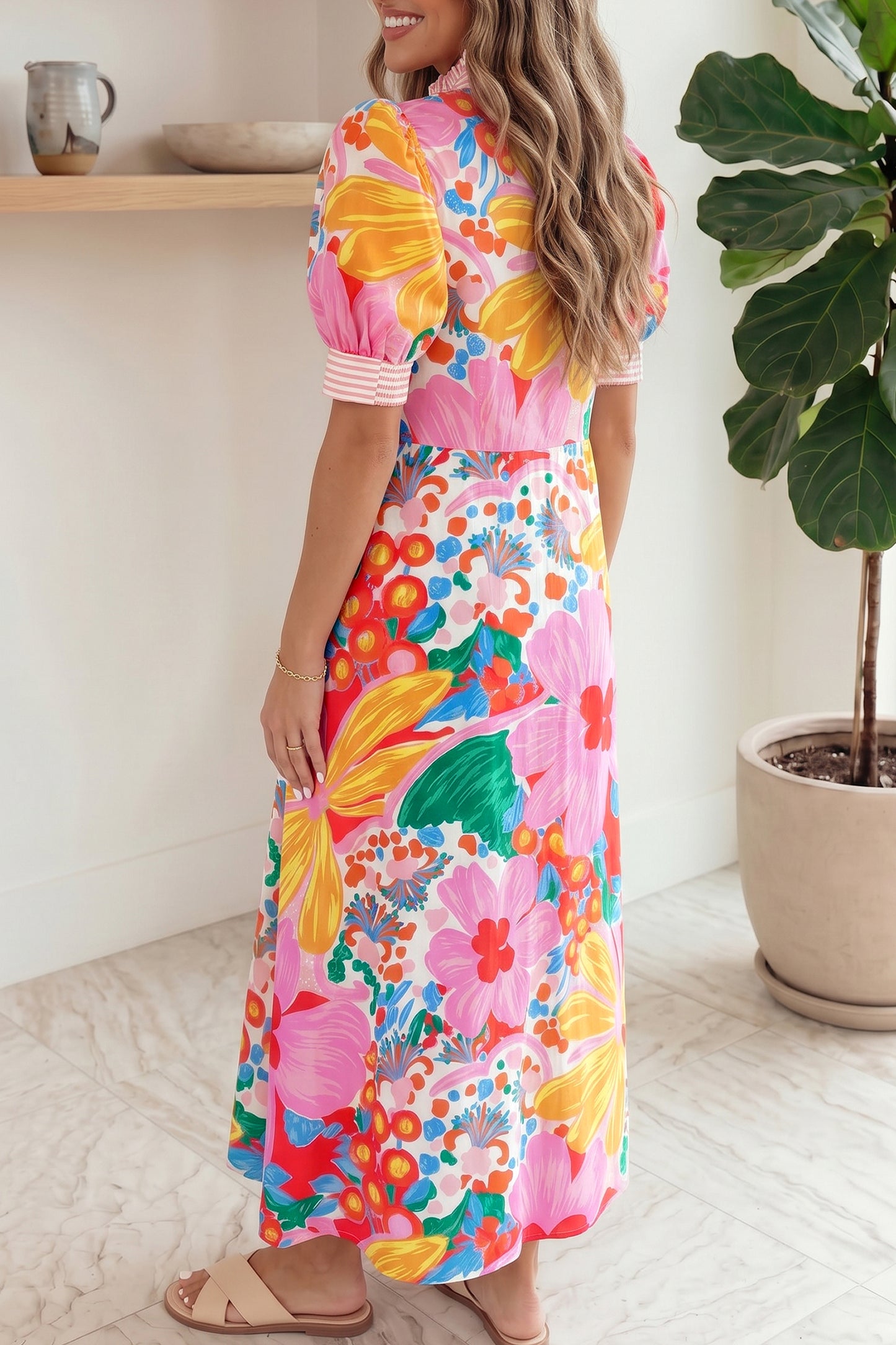 Pink Floral Print Striped Trim Button Down Short Sleeve Vacation Dress