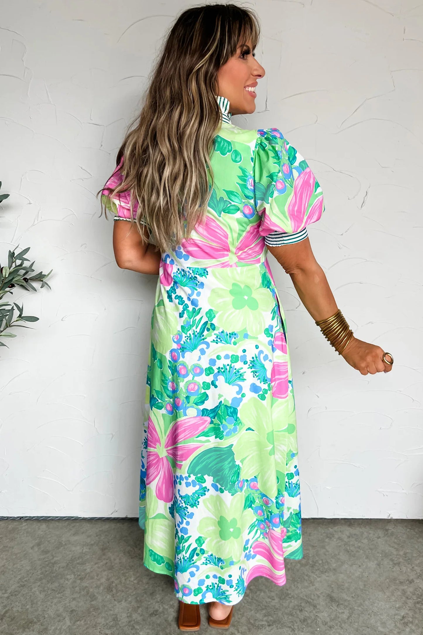 Pink Floral Print Striped Trim Button Down Short Sleeve Vacation Dress