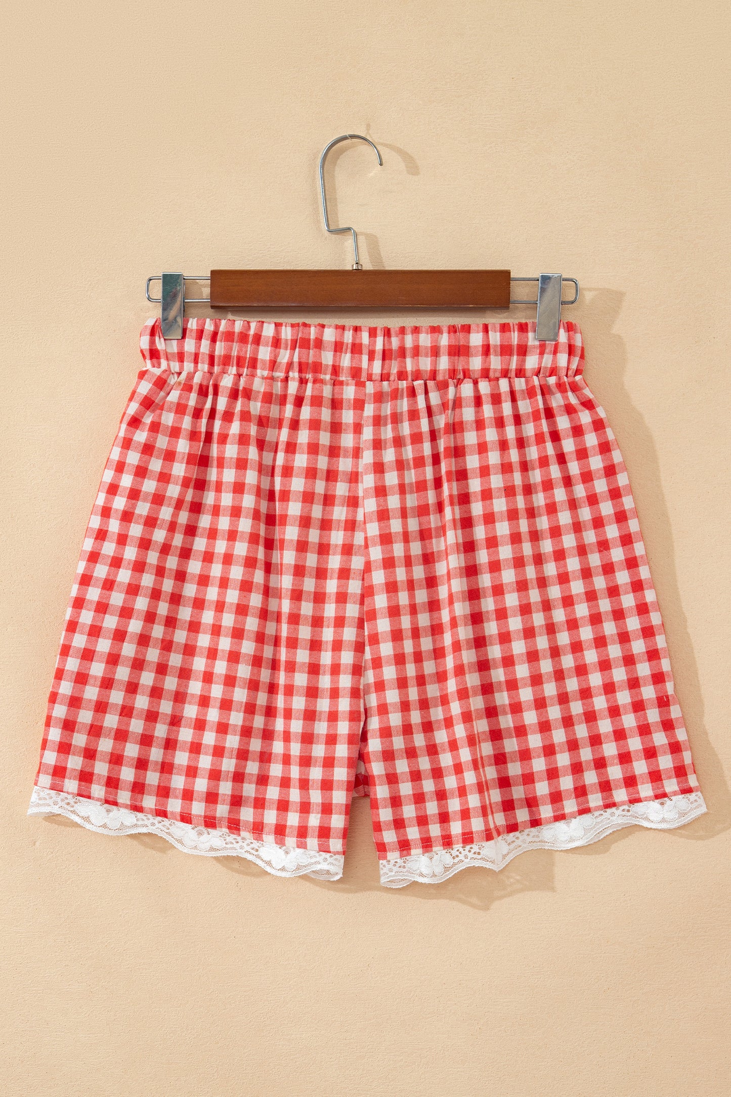 Red Gingham Plaid Tie Elastic Waist Lace Patchwork Hem Casual Shorts