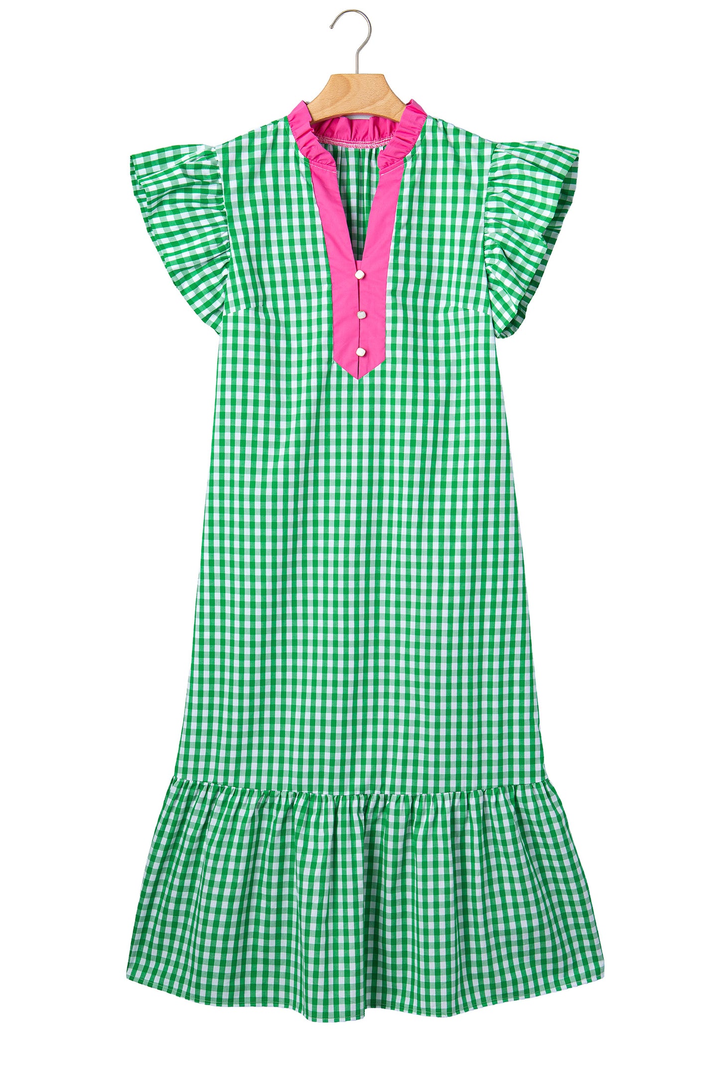 Bright Green Summer Color-Blocked Plaid Pattern Midi Dress