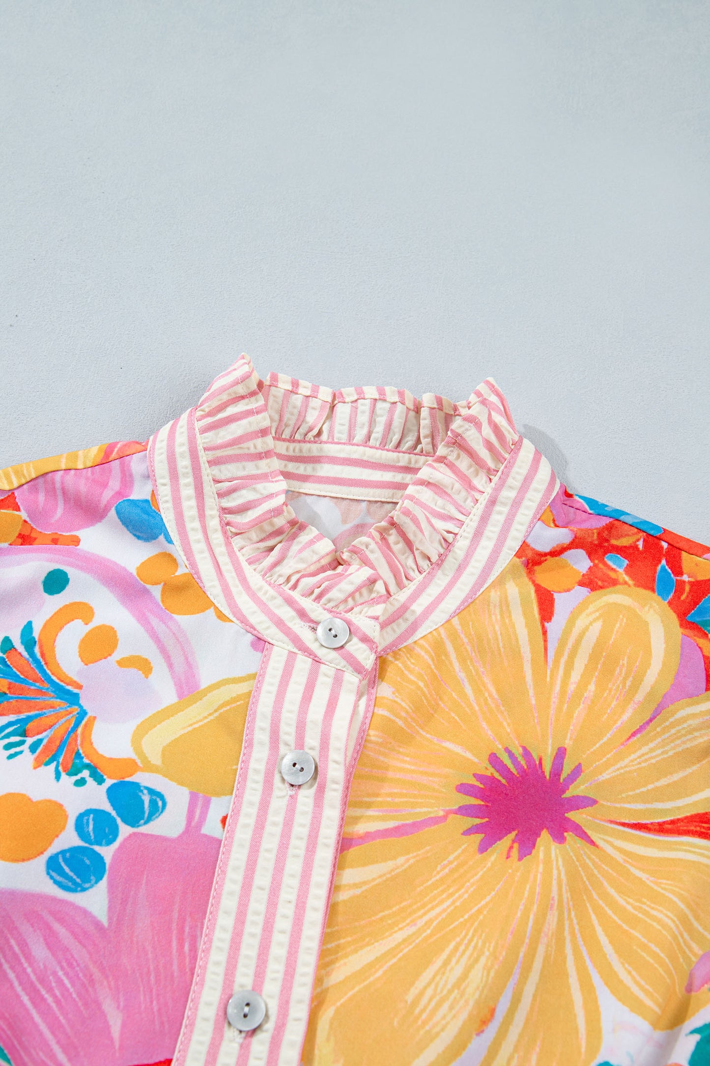 Pink Floral Print Striped Trim Button Down Short Sleeve Vacation Dress