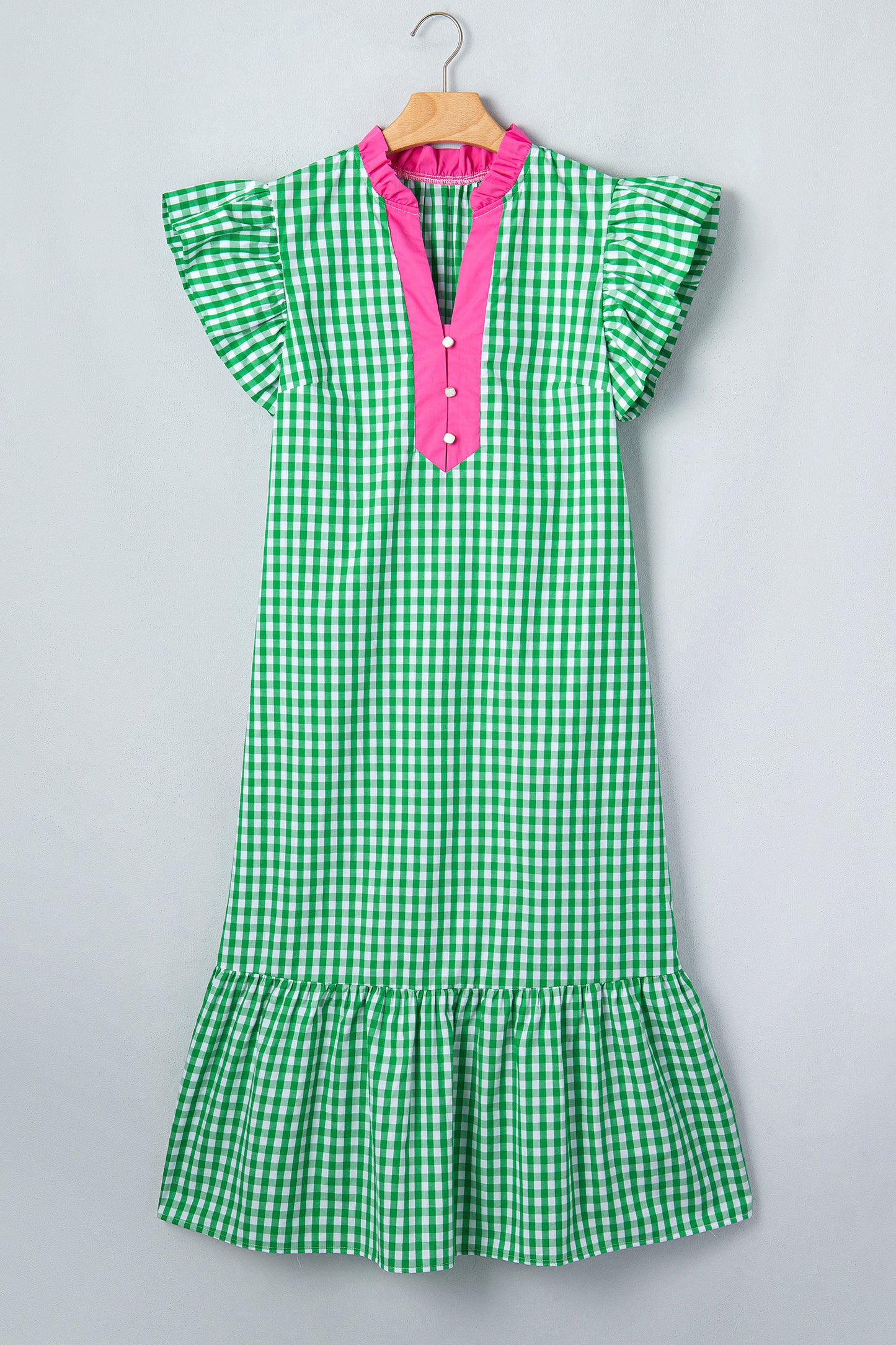 Bright Green Summer Color-Blocked Plaid Pattern Midi Dress