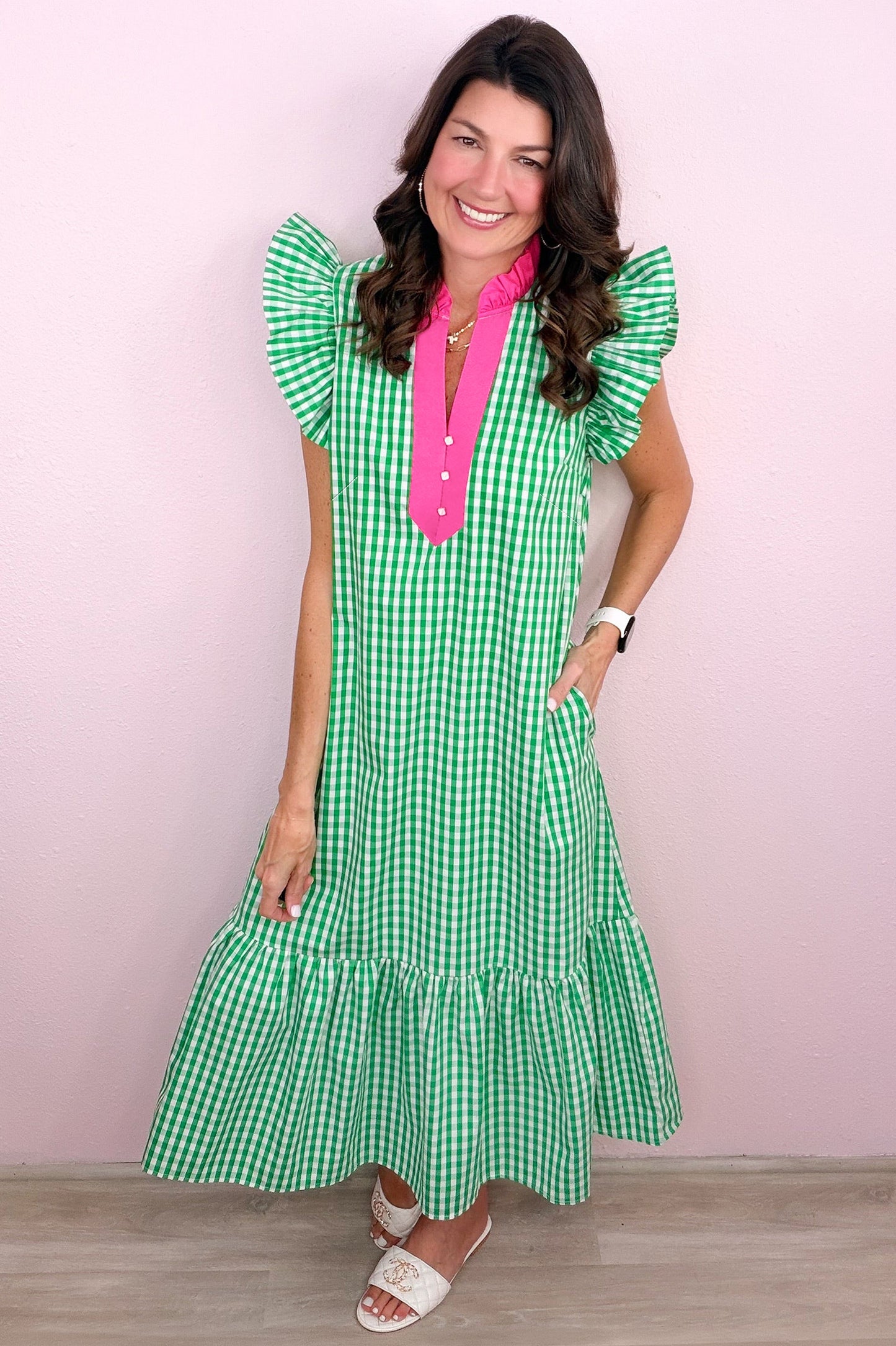 Bright Green Summer Color-Blocked Plaid Pattern Midi Dress